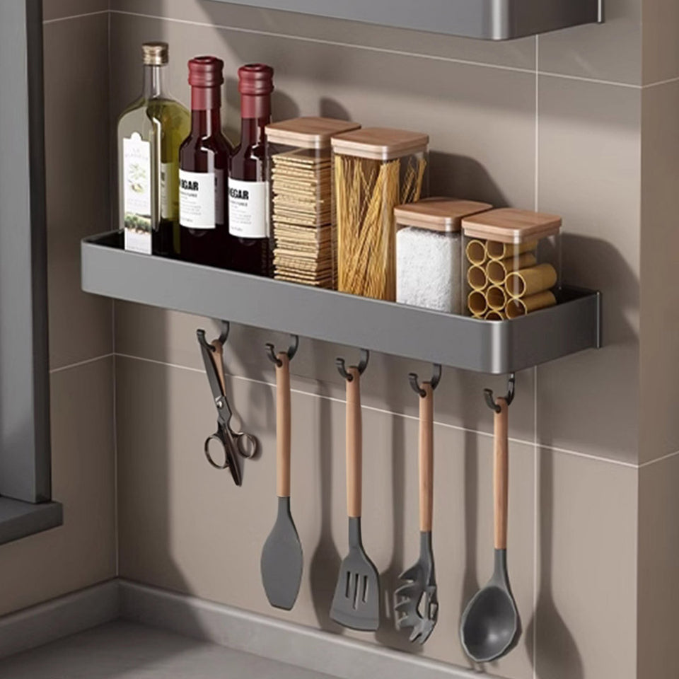 SOGA 50cm Black Wall-Mounted Rectangular Kitchen Spice Storage Organiser Space Saving Condiments Shelf Rack with Hooks
