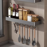SOGA 50cm Black Wall-Mounted Rectangular Kitchen Spice Storage Organiser Space Saving Condiments Shelf Rack with Hooks