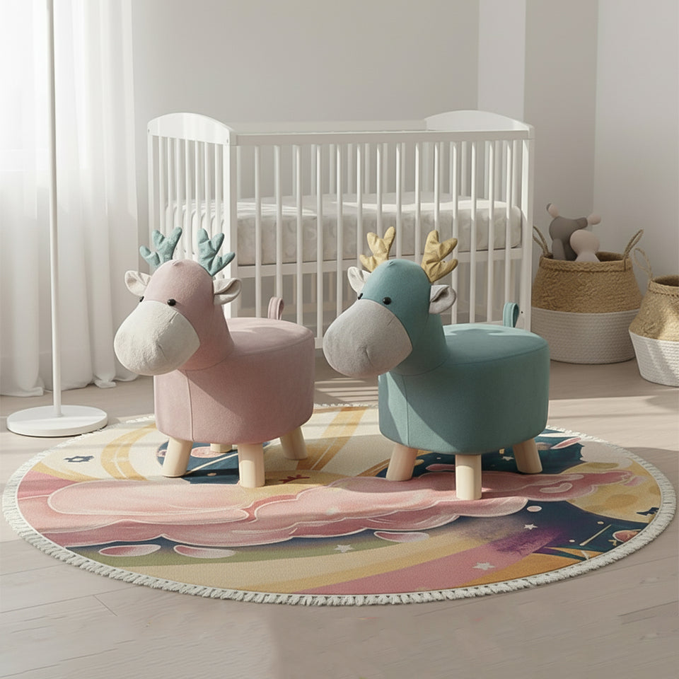 SOGA Home & Living Bundle – Pink & Green Deer Children’s Ottomans & Sky Clouds Round Rug