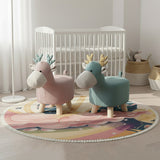 SOGA Home & Living Bundle – Pink & Green Deer Children’s Ottomans & Sky Clouds Round Rug