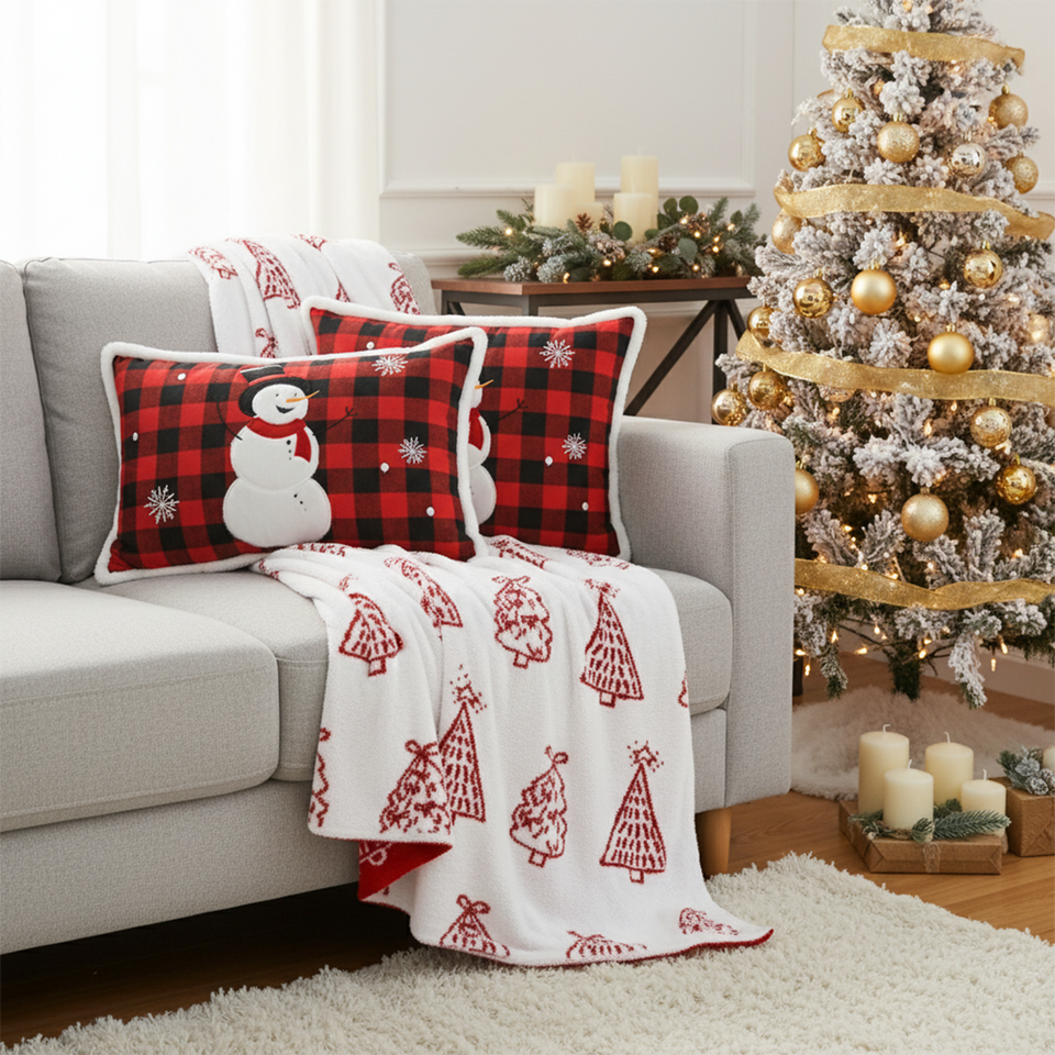SOGA Christmas Bundle – 2 Red Snowman Lumbar Pillow & Red Christmas Tree Fleece Throw Blanket