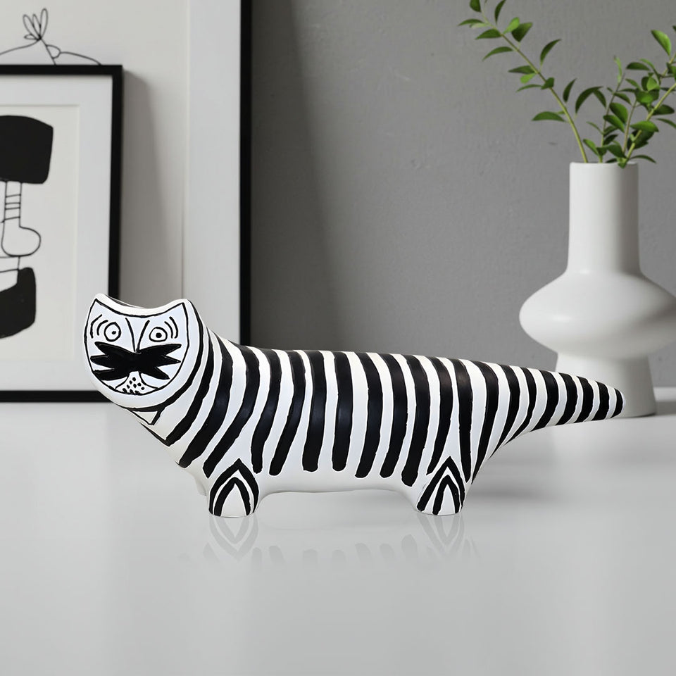 SOGA 47cm Elongated Black and White Striped Cat Resin Sculpture for Modern Home Decor
