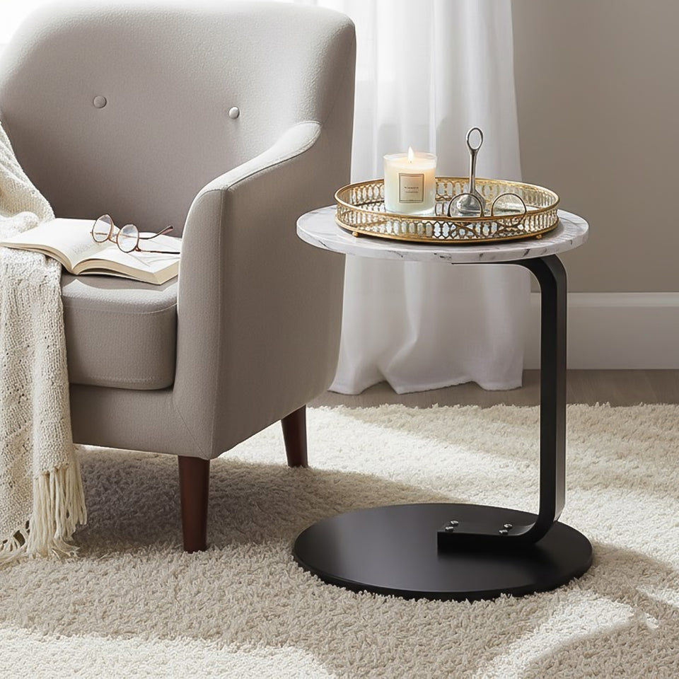SOGA Home & Living Bundle – White Marble Mini Side Table & Gold Round Mirror Tray Organizer