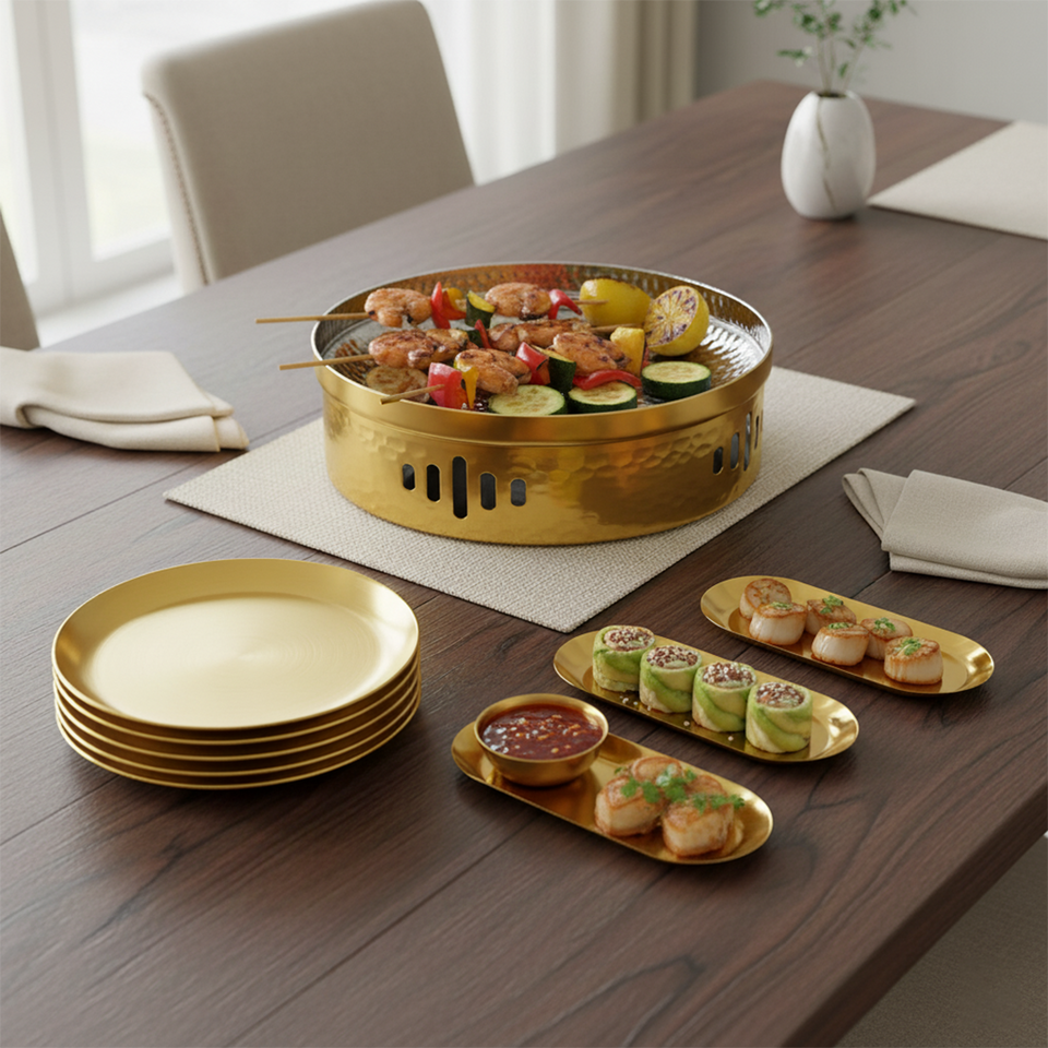 SOGA Kitchenware Bundle – Gold Nordic Plate Set, 26cm Grilling Plate & 28cm DryPot