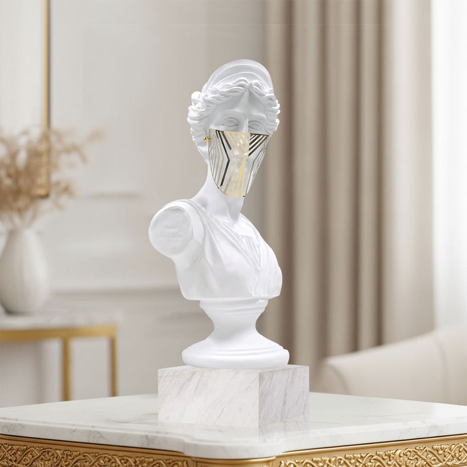 SOGA 45cm White Classical Bust Sculpture Resin with Gold Striped Mask for Modern Home Decor