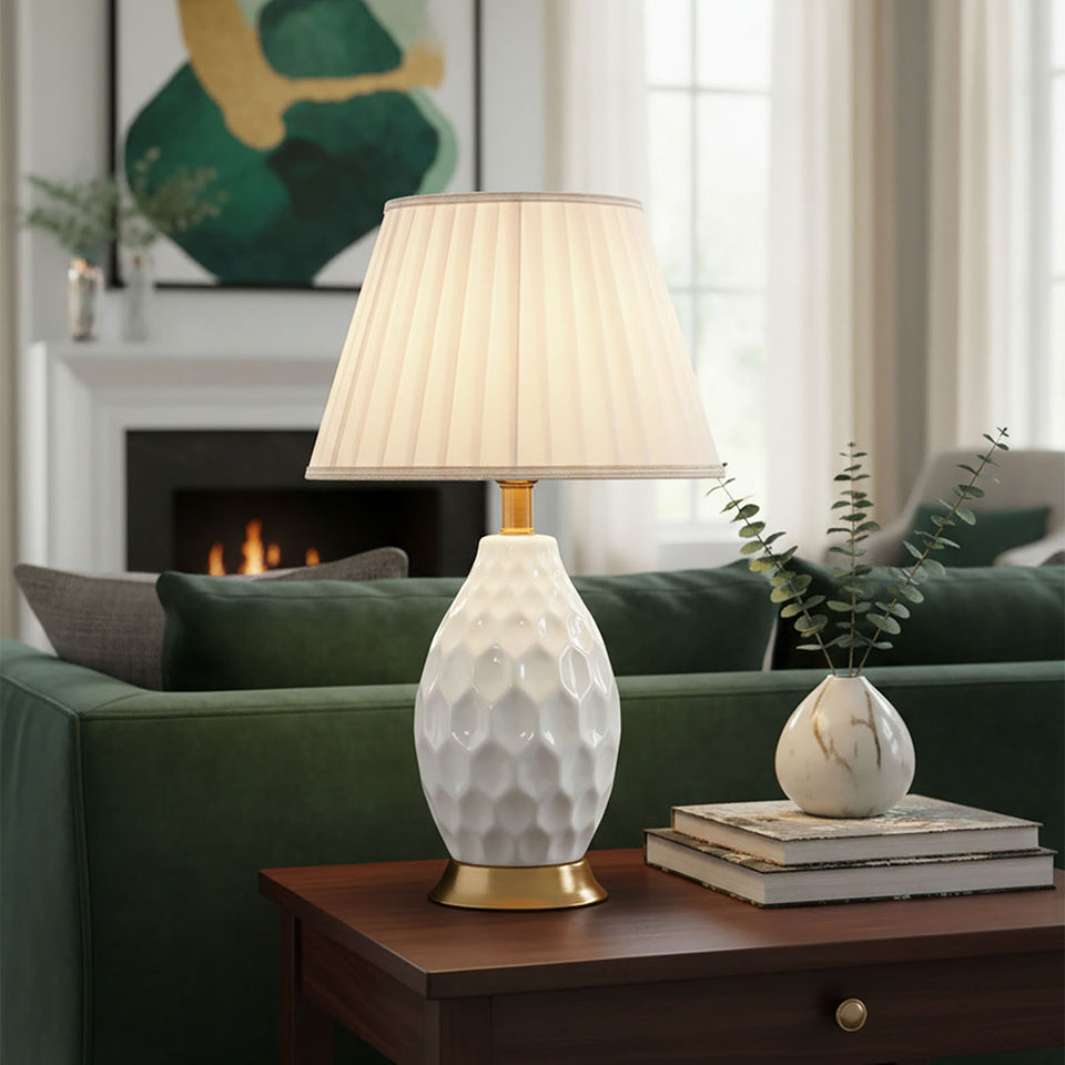 SOGA Textured Ceramic Oval Table Lamp with Gold Metal Base White