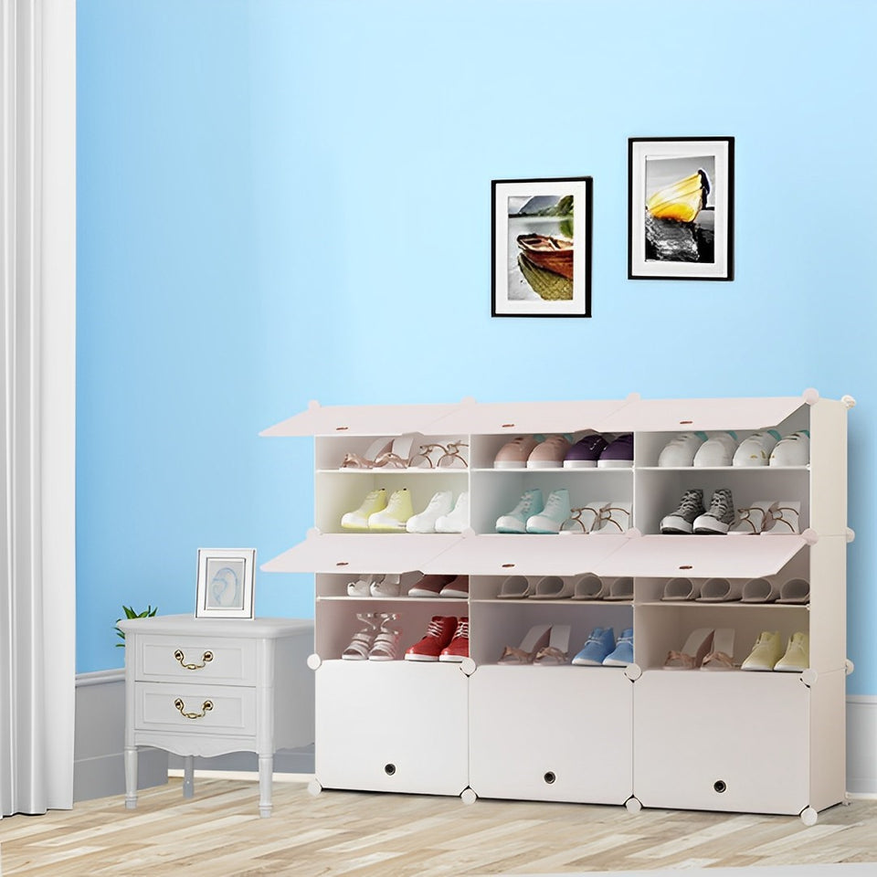 SOGA 5 Tier 3 Column White Shoe Rack Organizer Sneaker Footwear Storage Stackable Stand Cabinet Portable Wardrobe with Cover