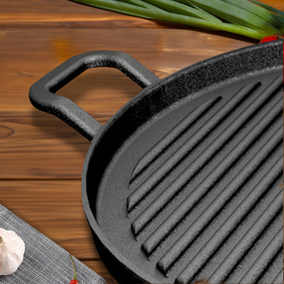 SOGA 2X 30cm Ribbed Cast Iron Frying Pan Skillet Coating Steak Sizzle Platter