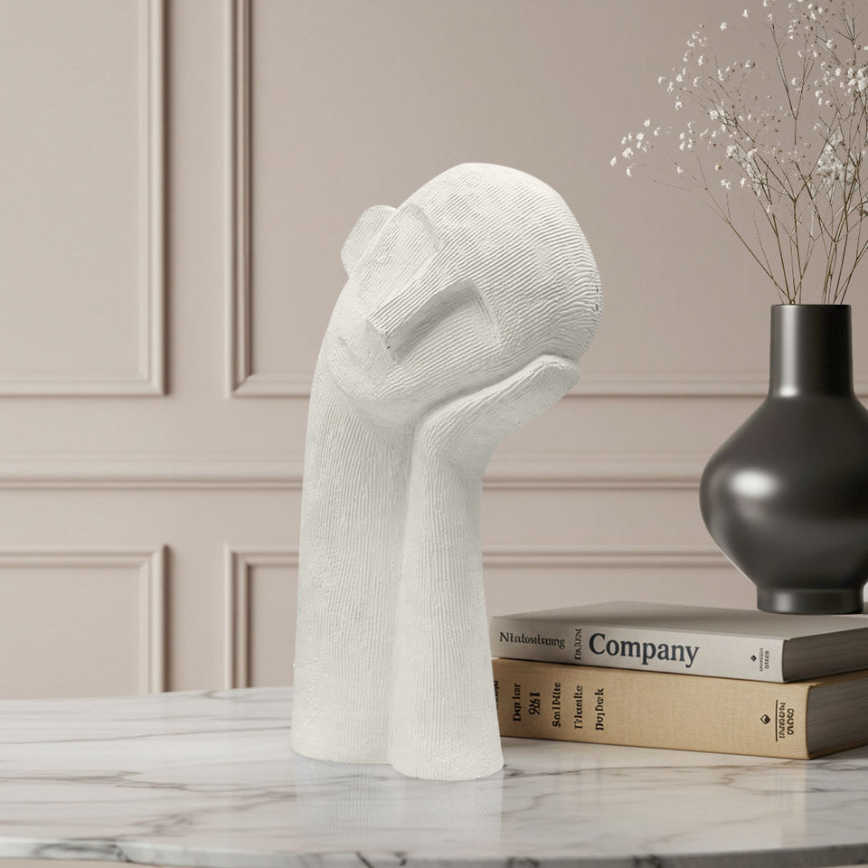 SOGA 38cm White Minimalist Head Resin Sculpture with Hand at Side and Linear Texture for Home Decor