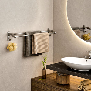 SOGA 2X 62cm Gray Wall-Mounted Double Pole Towel Holder Bathroom Organiser Rail Hanger with Hooks