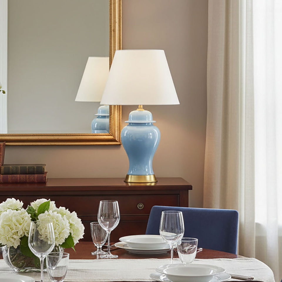 SOGA 2x Oval Ceramic Table Lamp with Gold Metal Base Desk Lamp Blue