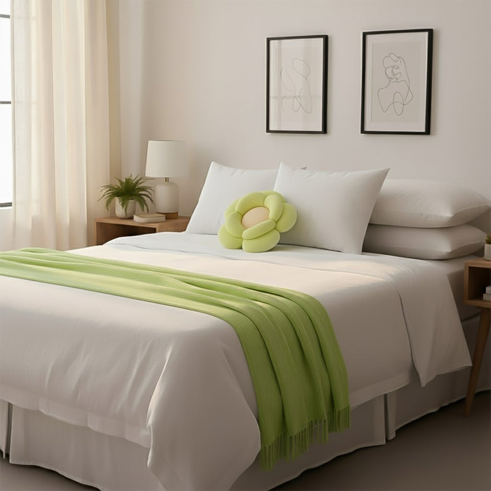 SOGA Home & Living Bundle – Green Double Flower Cushion & Acrylic Knitted Throw Blanket