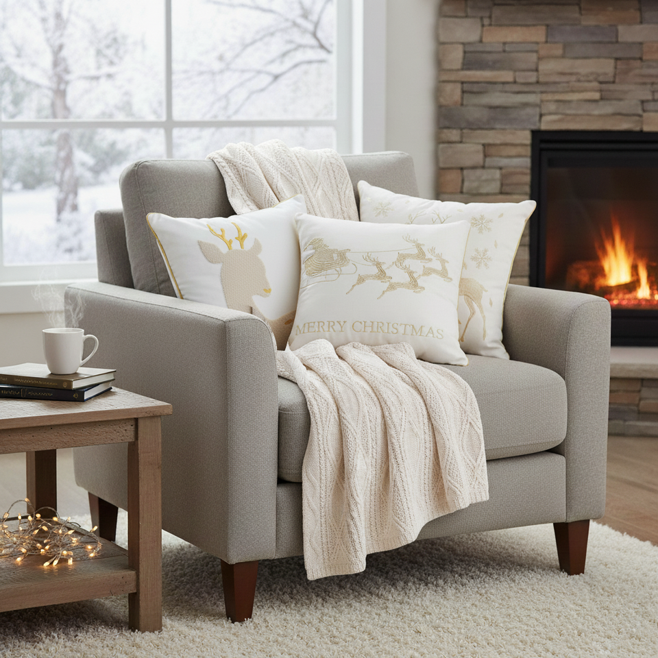 SOGA Christmas Bundle – White Chenille Throw Blanket & Festive Gold Accent Holiday Pillows