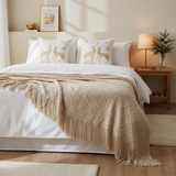 SOGA Christmas Bundle – 2 White Gold Reindeer Throw Pillows & Beige Diamond Throw Blanket