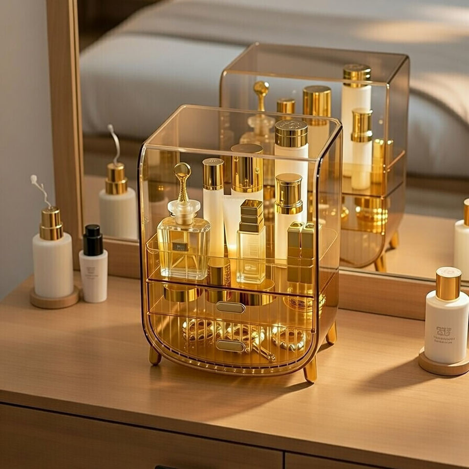 SOGA 3 Tier Golden Yellow Multifunctional Countertop Cosmetic Storage Makeup Perfume Skincare Display Stand Shelf Drawer Type Organiser