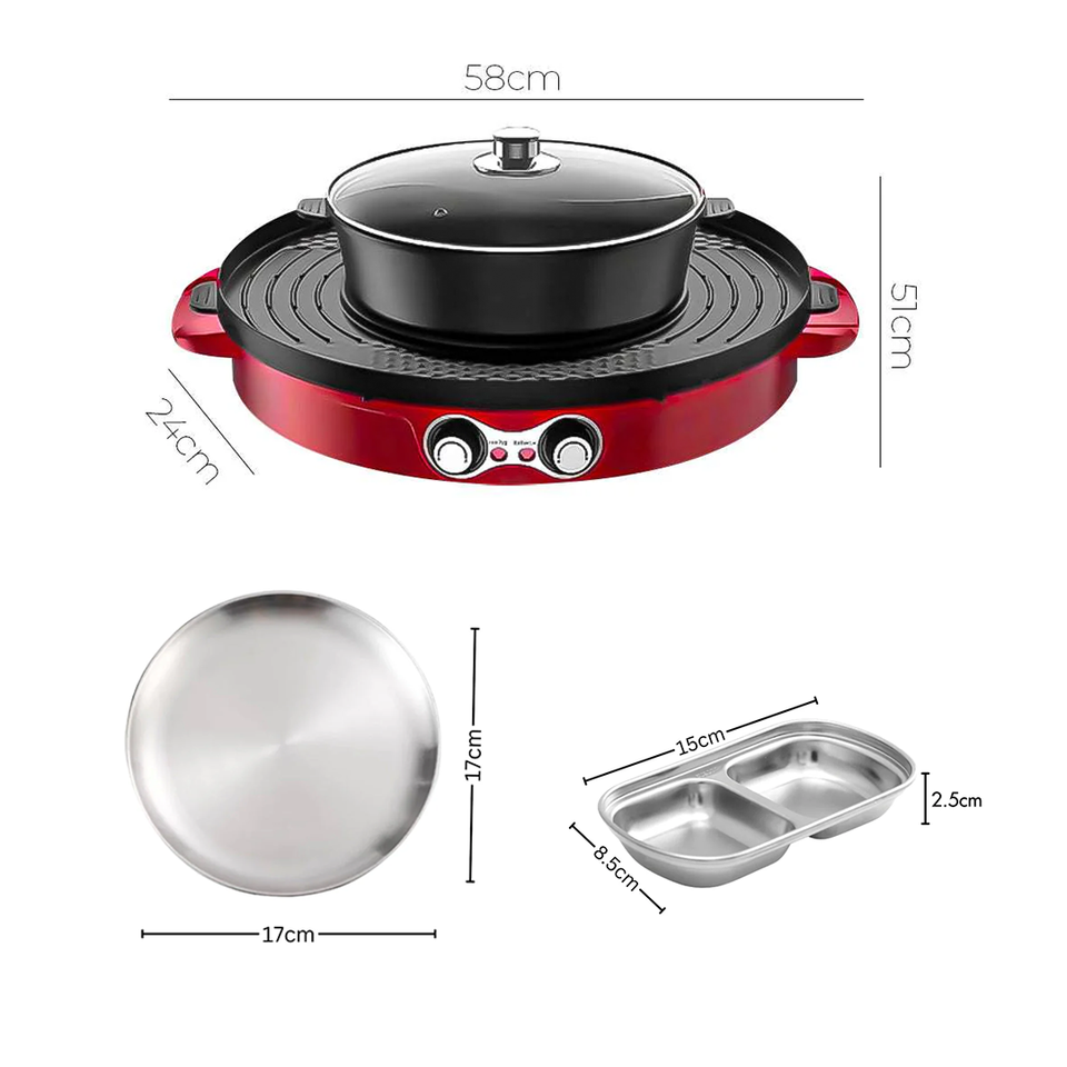 SOGA Kitchenware Bundle – 2-in-1 Electric Hot Pot BBQ Grill with Silver Grilling Plate & Sauce Pan