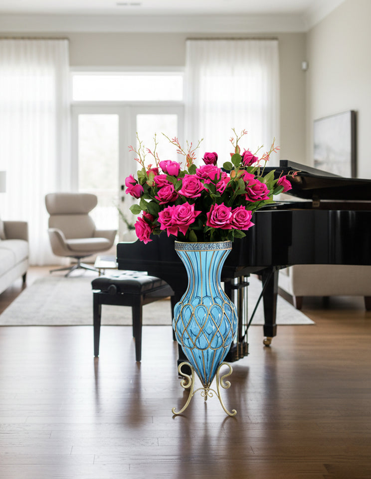 SOGA 67cm Blue Glass Tall Floor Vase and 12pcs Dark Pink Artificial Fake Flower Set