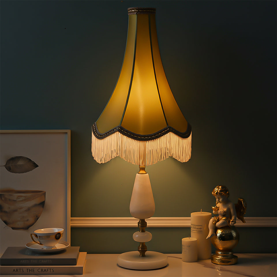 SOGA 2X Jade Stone Base Table Lamp Vintage Yellow Shade Tassel Fringe Bedside Desk Light