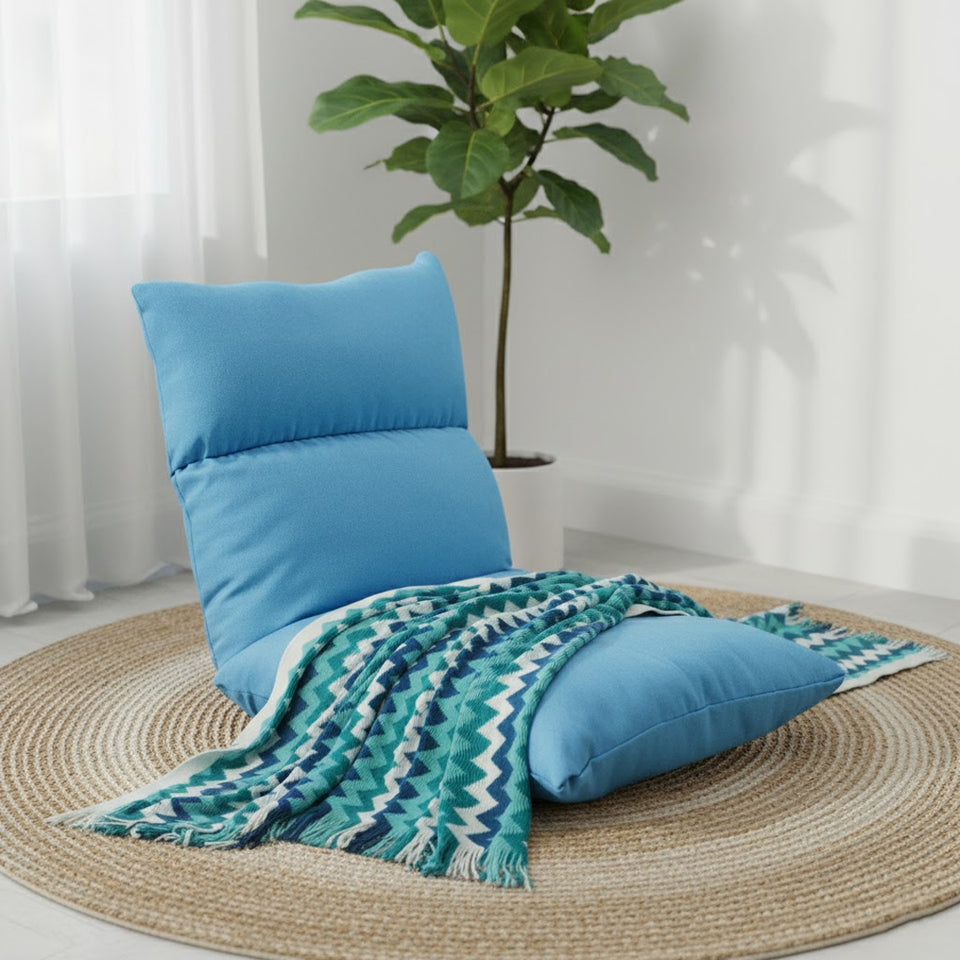 SOGA Home & Living Bundle – Blue Zigzag Knitted Throw Blanket & Blue Adjustable Floor Recliner