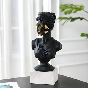SOGA 45cm Black Resin Bust – Gold Striped Mask Home Sculpture