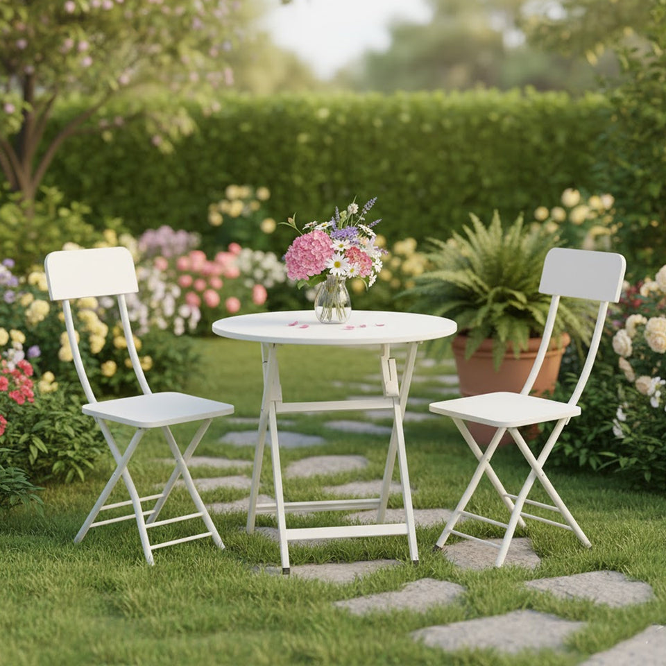 SOGA Home & Living Bundle – White Folding Dining Table & 2 Foldable Chairs for Home Decor