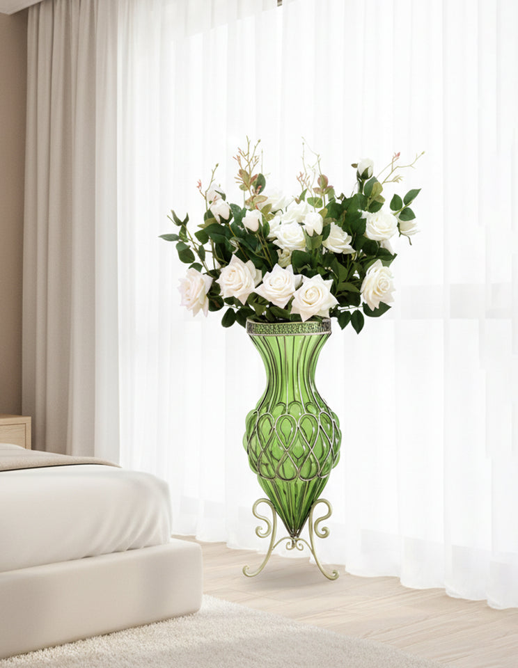 SOGA 67cm Green Glass Tall Floor Vase and 12pcs White Artificial Fake Flower Set