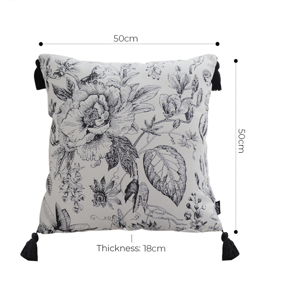 SOGA 2X 50cm Throw Pillow  Black and White Elegant Floral Print with Tassel Accents Home Decor
