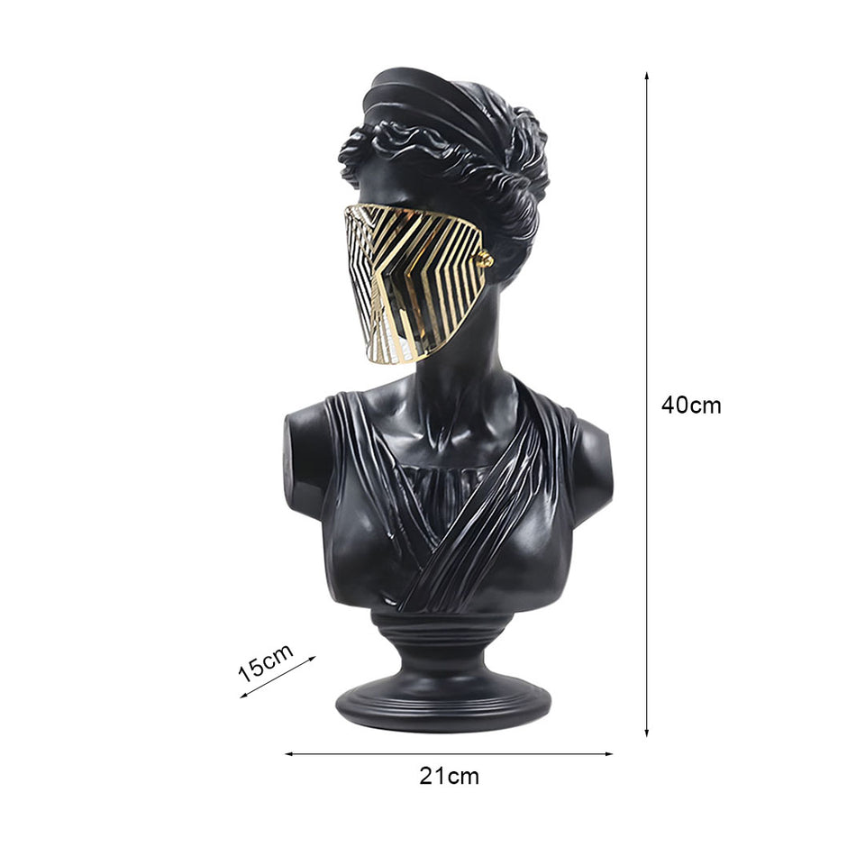 SOGA 40cm Black Classical Bust Sculpture Resin with Gold Striped Mask for Modern Home Decor