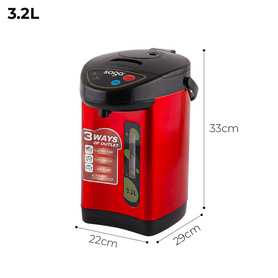 SOGA 3.2L Red Stainless Steel Electric Kettle Water Boiler with 3 Dispensing Modes