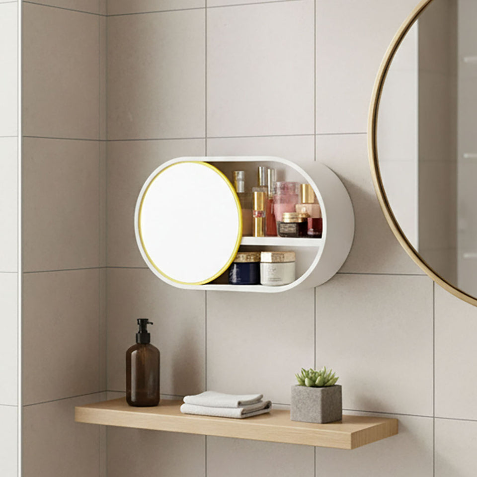 SOGA 39cm Oval Wall-Mounted Mirror Storage Box Vanity Mirror Rack Bathroom Adhesive Shelf Home Organiser Decor