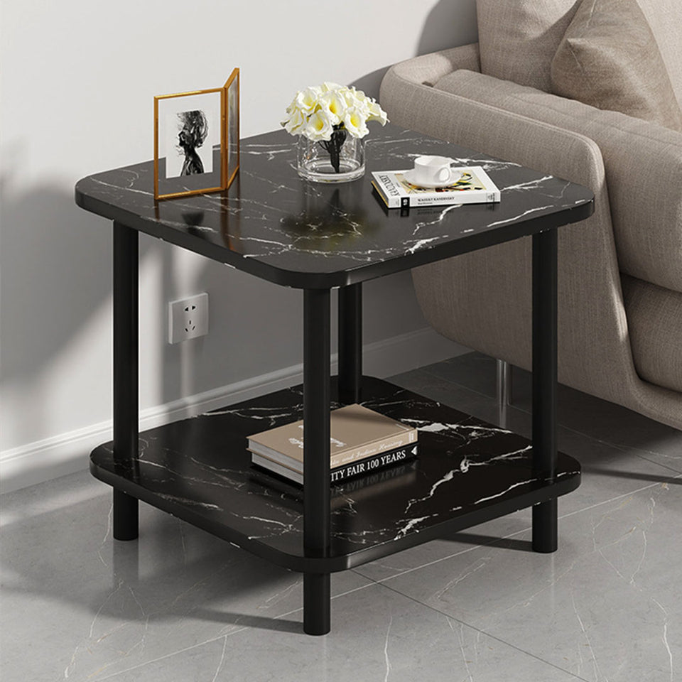 SOGA 70cm Black Stone-Patterned Side Table – Modern Round Design with Black Metal Legs