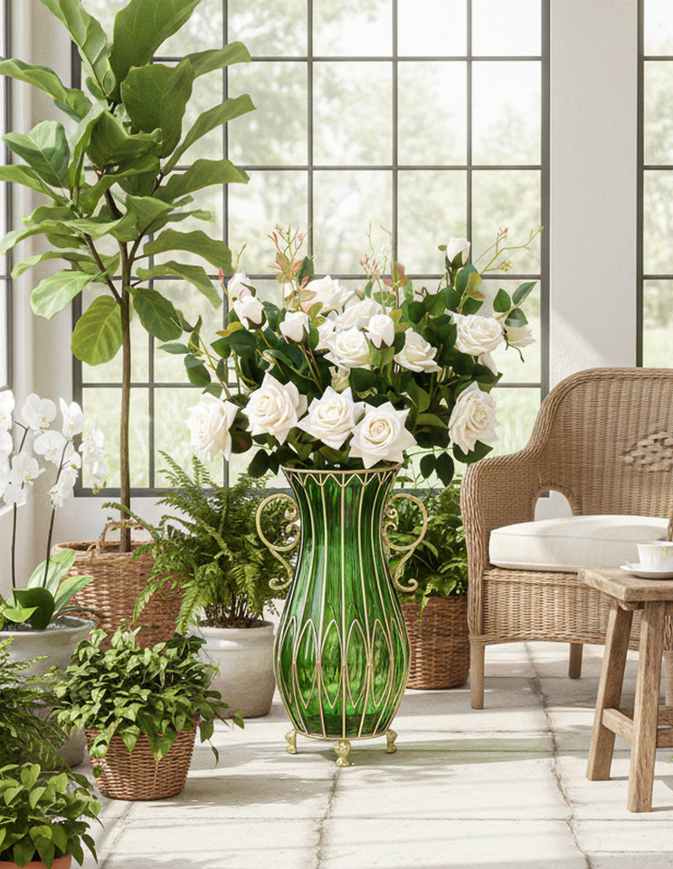 SOGA 51cm Green Glass Tall Floor Vase with 12pcs White Artificial Fake Flower Set