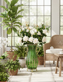 SOGA 51cm Green Glass Tall Floor Vase with 12pcs White Artificial Fake Flower Set
