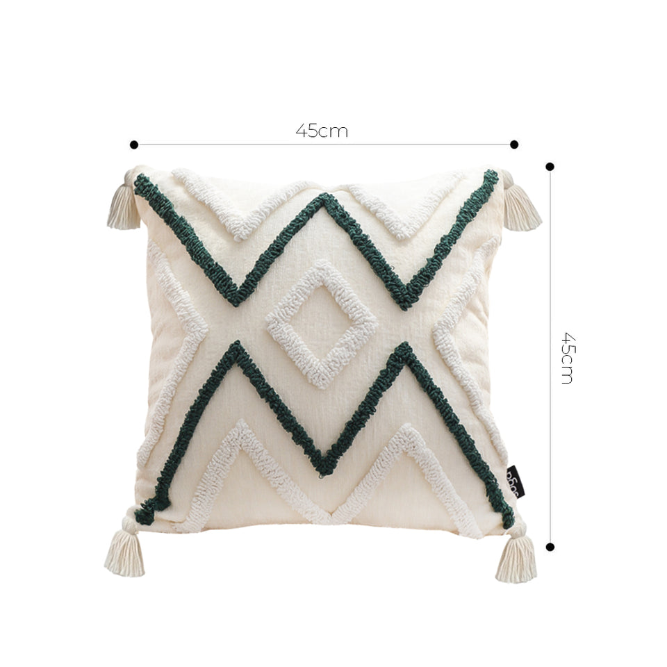 SOGA Boho Tufted Cushion 45cm Tassel Beige Green Geometric Chevron Throw Pillow