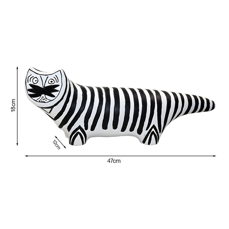 SOGA 47cm Elongated Black and White Striped Cat Resin Sculpture for Modern Home Decor