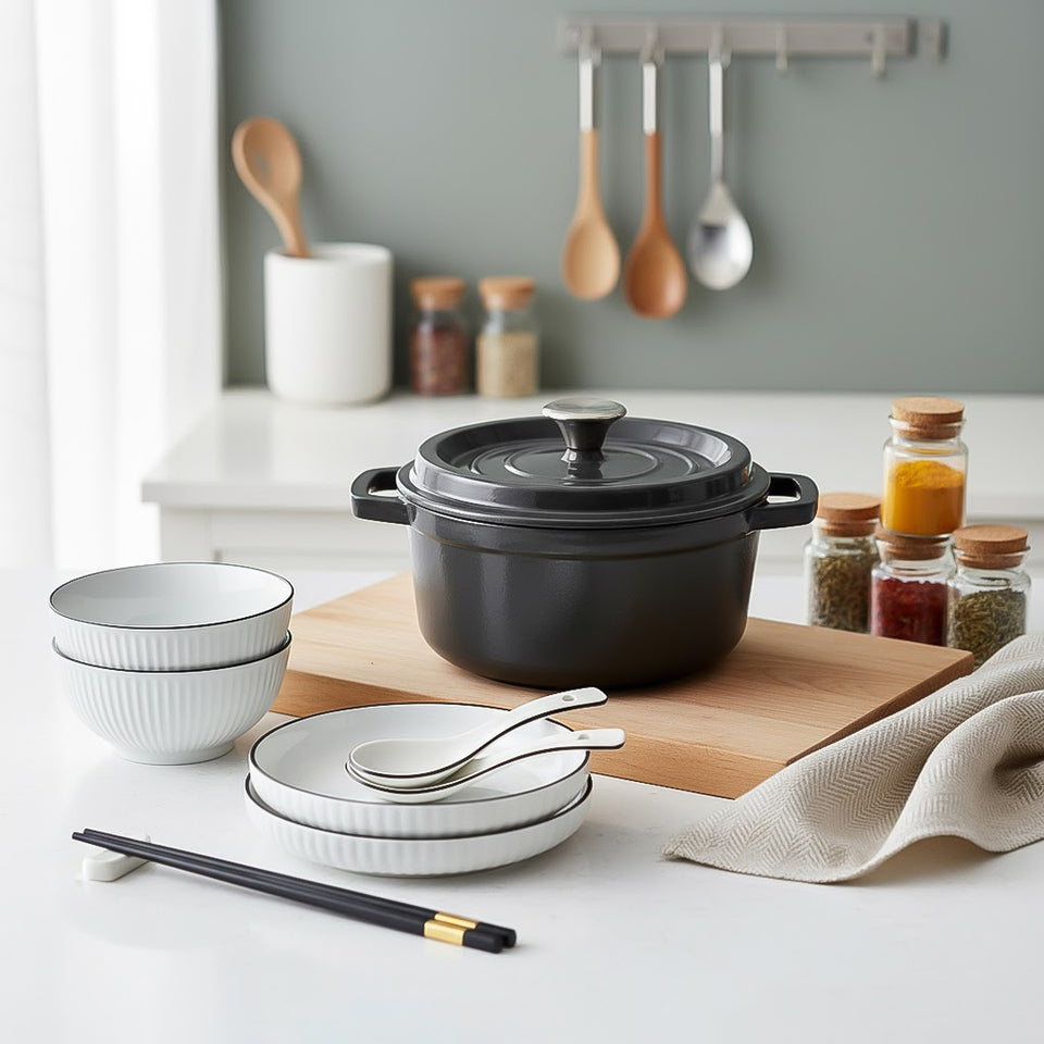 SOGA Kitchenware Bundle – White Japanese Ceramic Dinnerware Set & Black Cast Iron Stewpot