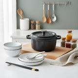 SOGA Kitchenware Bundle – White Japanese Ceramic Dinnerware Set & Black Cast Iron Stewpot
