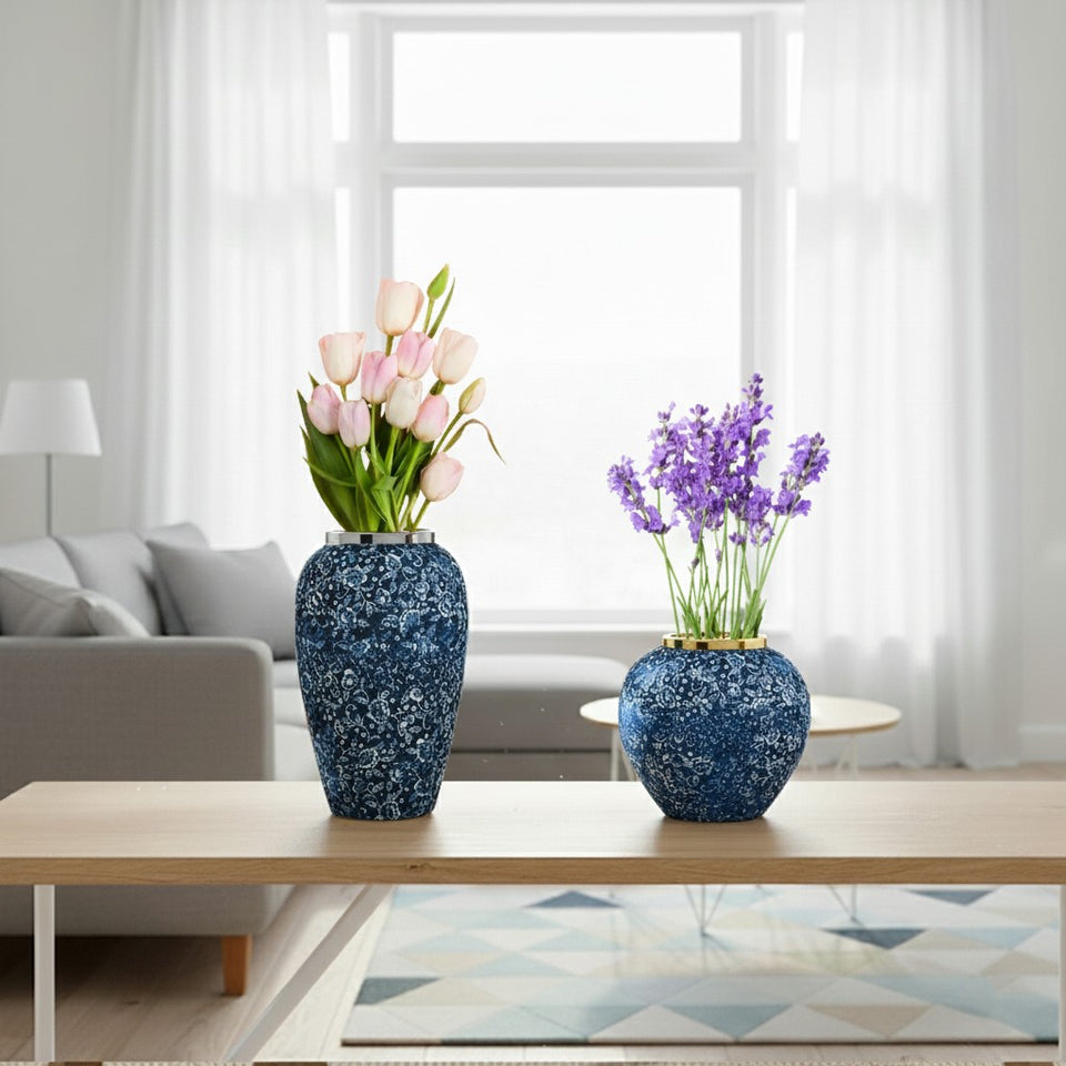 SOGA Home & Living Bundle – Blue with White Mini Floral Ceramic Vases for Elegant Home Decor