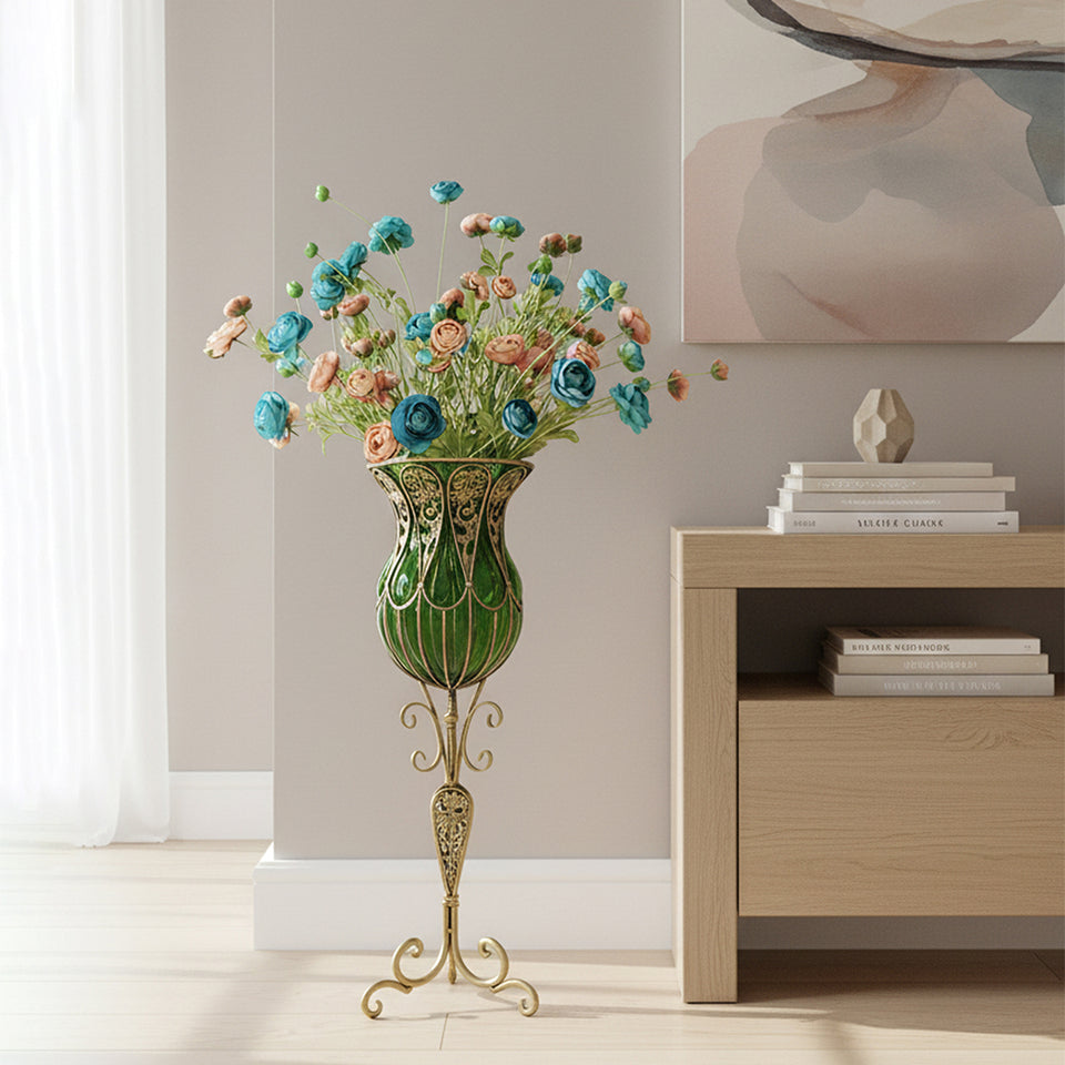 SOGA 85cm Green Glass Tall Floor Vase and 12pcs Blue Artificial Fake Flower Set