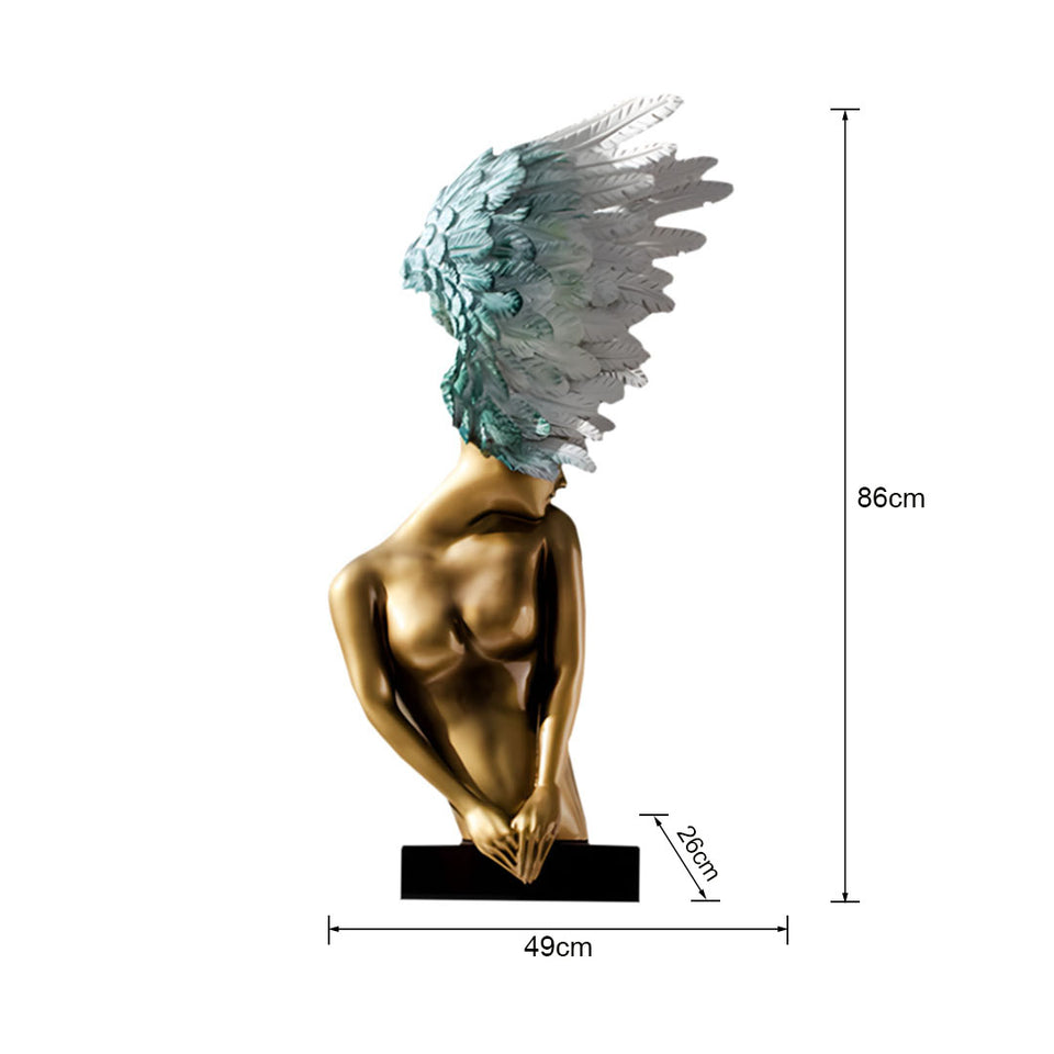 SOGA 86cm Modern Gold Bronze Winged Figure Sculpture with Artificial Marble Base for Home Decor