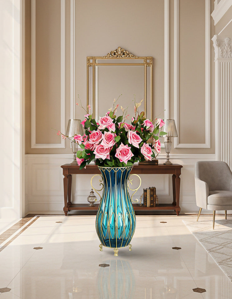 SOGA 51cm Blue Glass Tall Floor Vase with 12pcs Pink Artificial Fake Flower Set