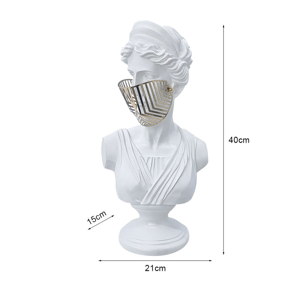 SOGA 40cm White Classical Bust Sculpture Resin with Gold Striped Mask for Modern Home Decor