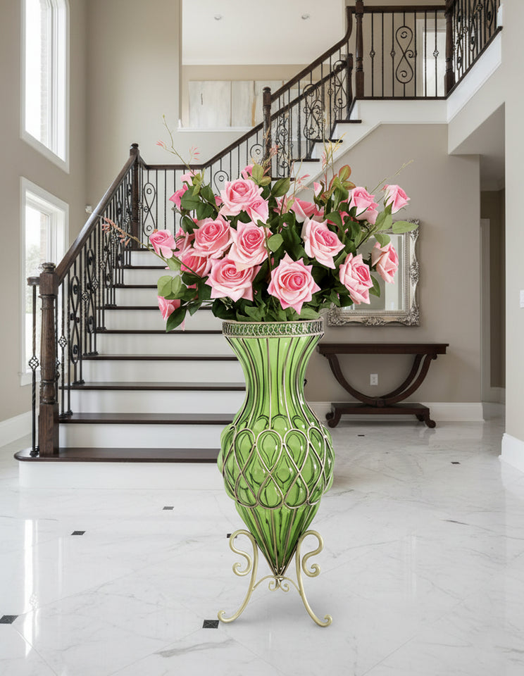 SOGA 67cm Green Glass Tall Floor Vase and 12pcs Pink Artificial Fake Flower Set