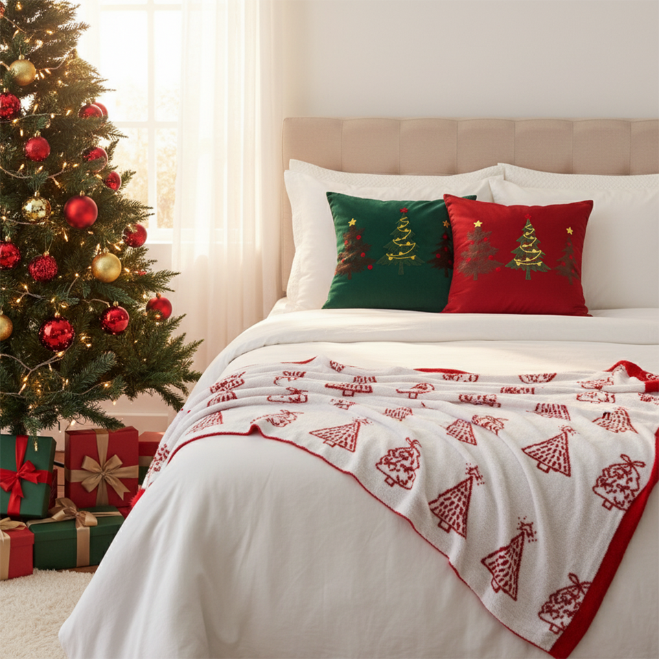 SOGA Christmas Bundle – Green & Burgundy Embroidered Tree Pillows & Red Holiday Throw Blanket