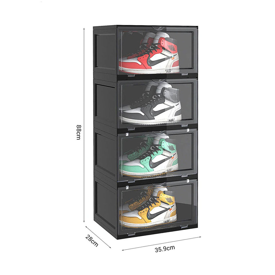 SOGA 2X 4 Tier Black Portable Shoe Organiser Sneaker Footwear Folding Plastic Bin Stackable Storage Box with Magnetic Door