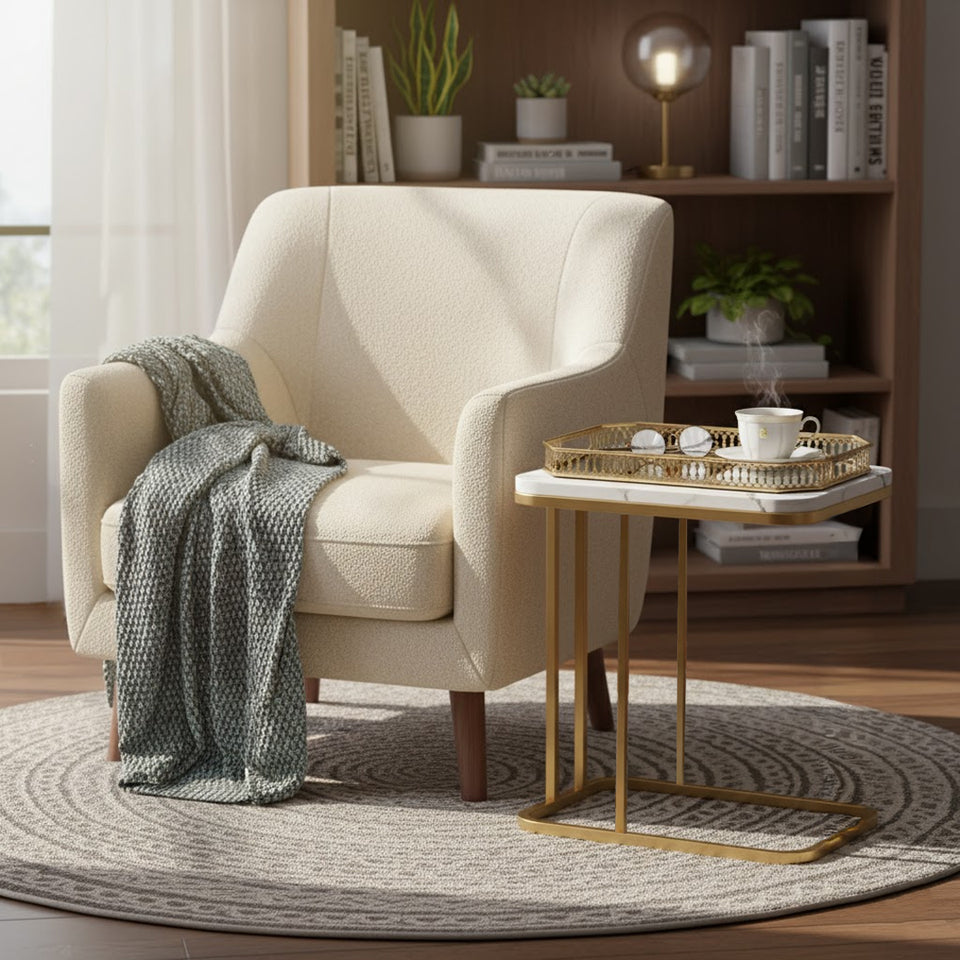 SOGA Home & Living Bundle – White Stone Side Table & Gold Mirror Tray Organizer for Home