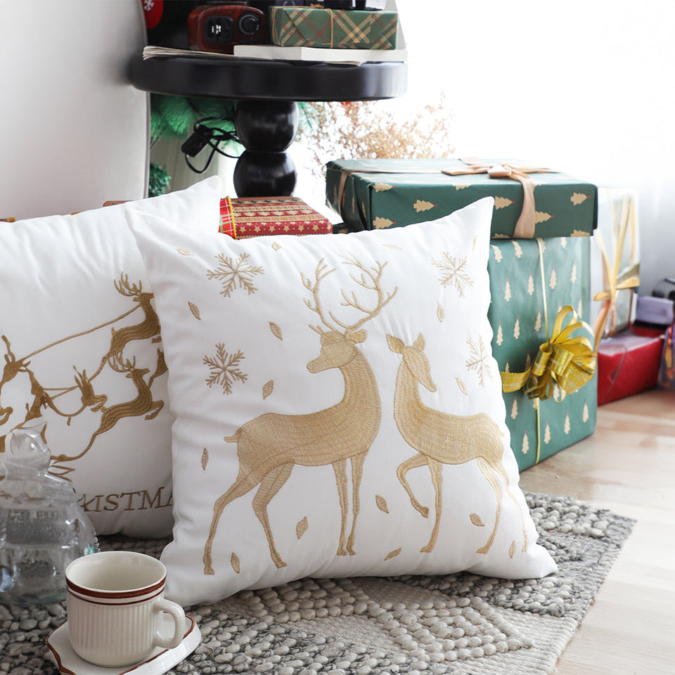 SOGA 2-Pack 45cm White & Gold Christmas Reindeer Throw Pillows