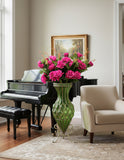 SOGA 67cm Green Glass Tall Floor Vase and 12pcs Dark Pink Artificial Fake Flower Set