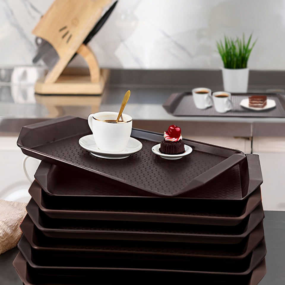 SOGA Rectangular Serving Tray Heavy Duty Waterproof Stackable Plastic Food Snack Pan Set of 5 Coffee