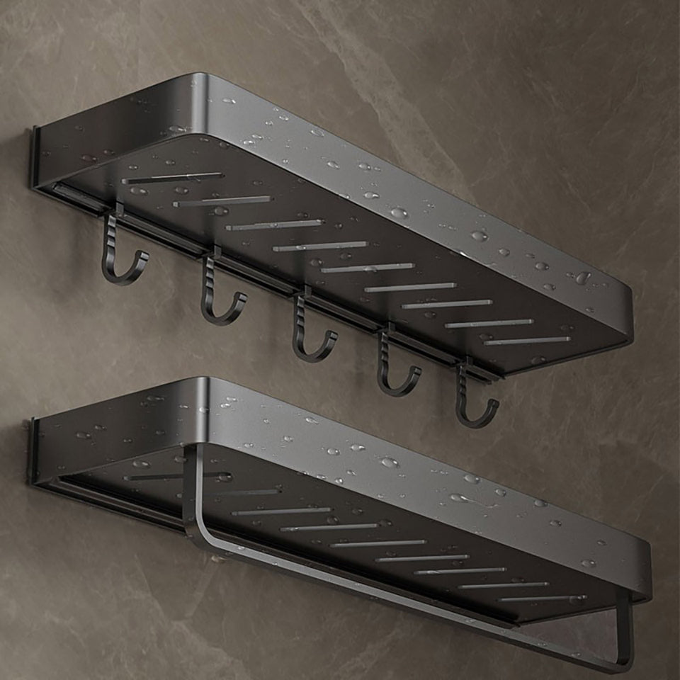 SOGA 40cm Black Wall-Mounted Rectangular Kitchen Spice Storage Organiser Space Saving Condiments Shelf Rack with Hooks